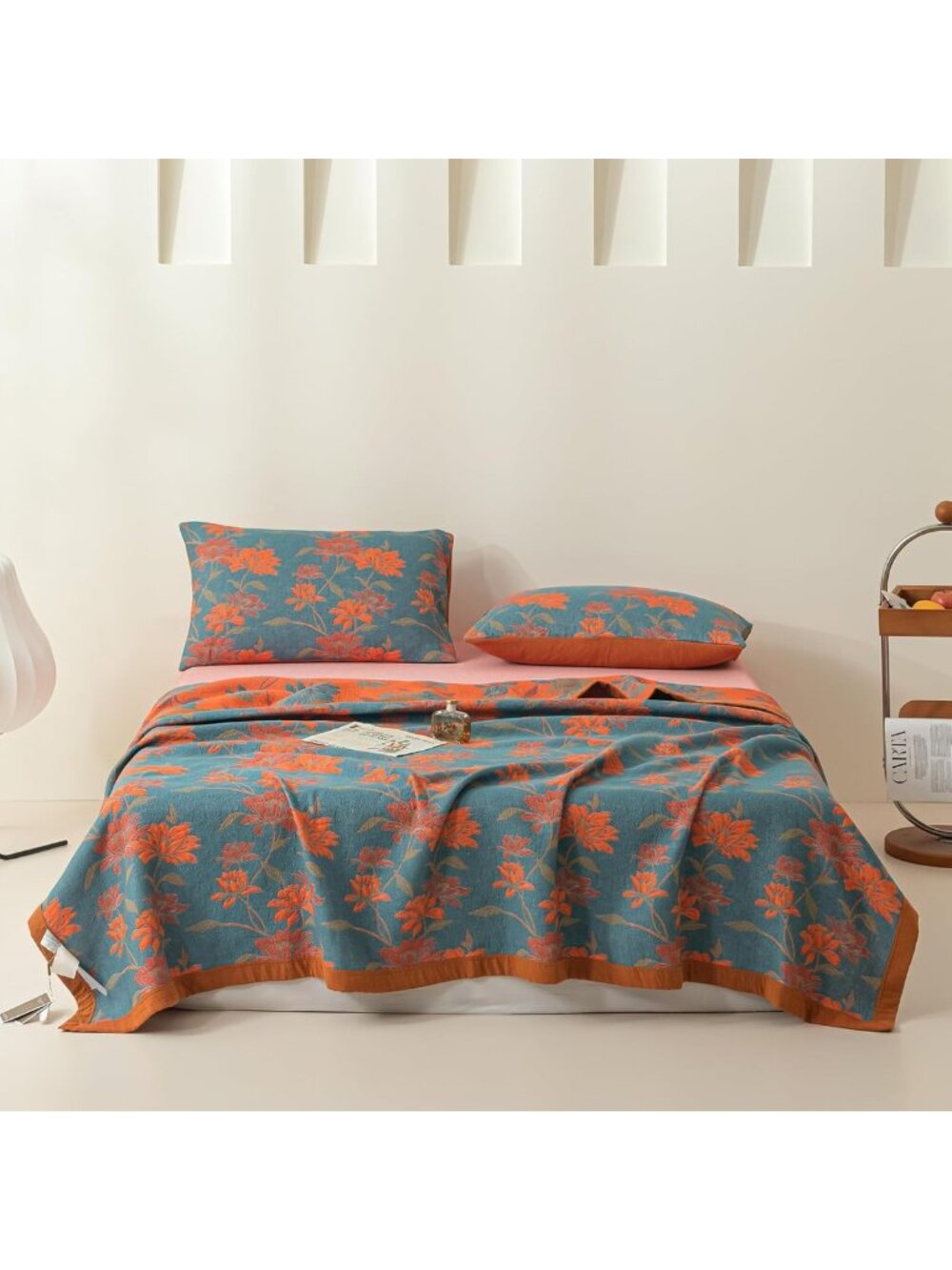 Soft 100% Cotton Muslin Floral Print Blanket, Reversible Lightweight Bedspread